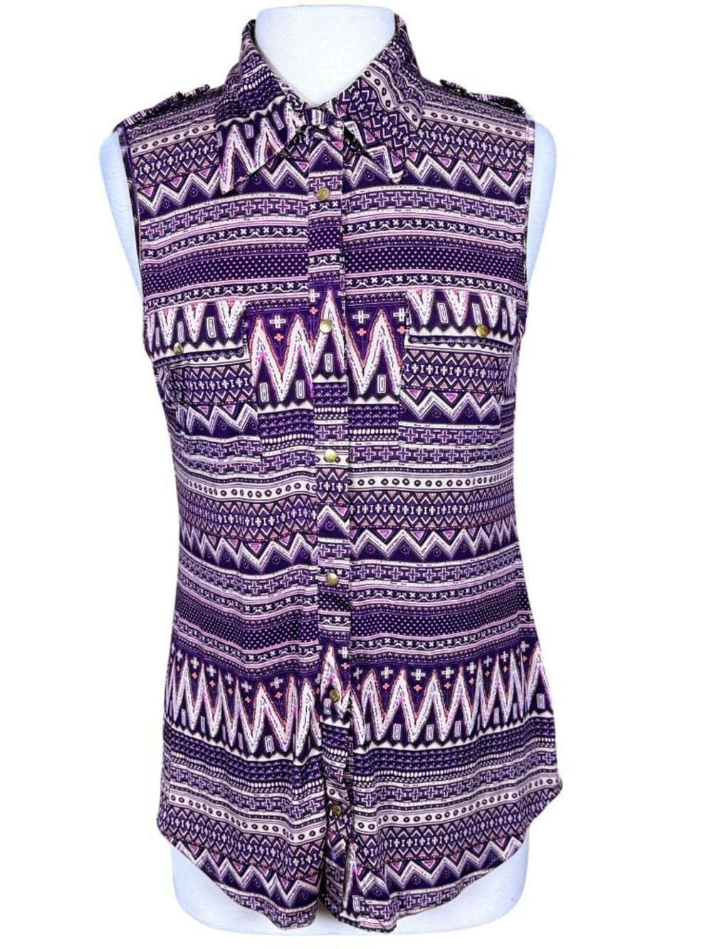 BCBGMAXAZRIA Sleeveless Collared Button Front Geometric Purple Jersey Blouse LG